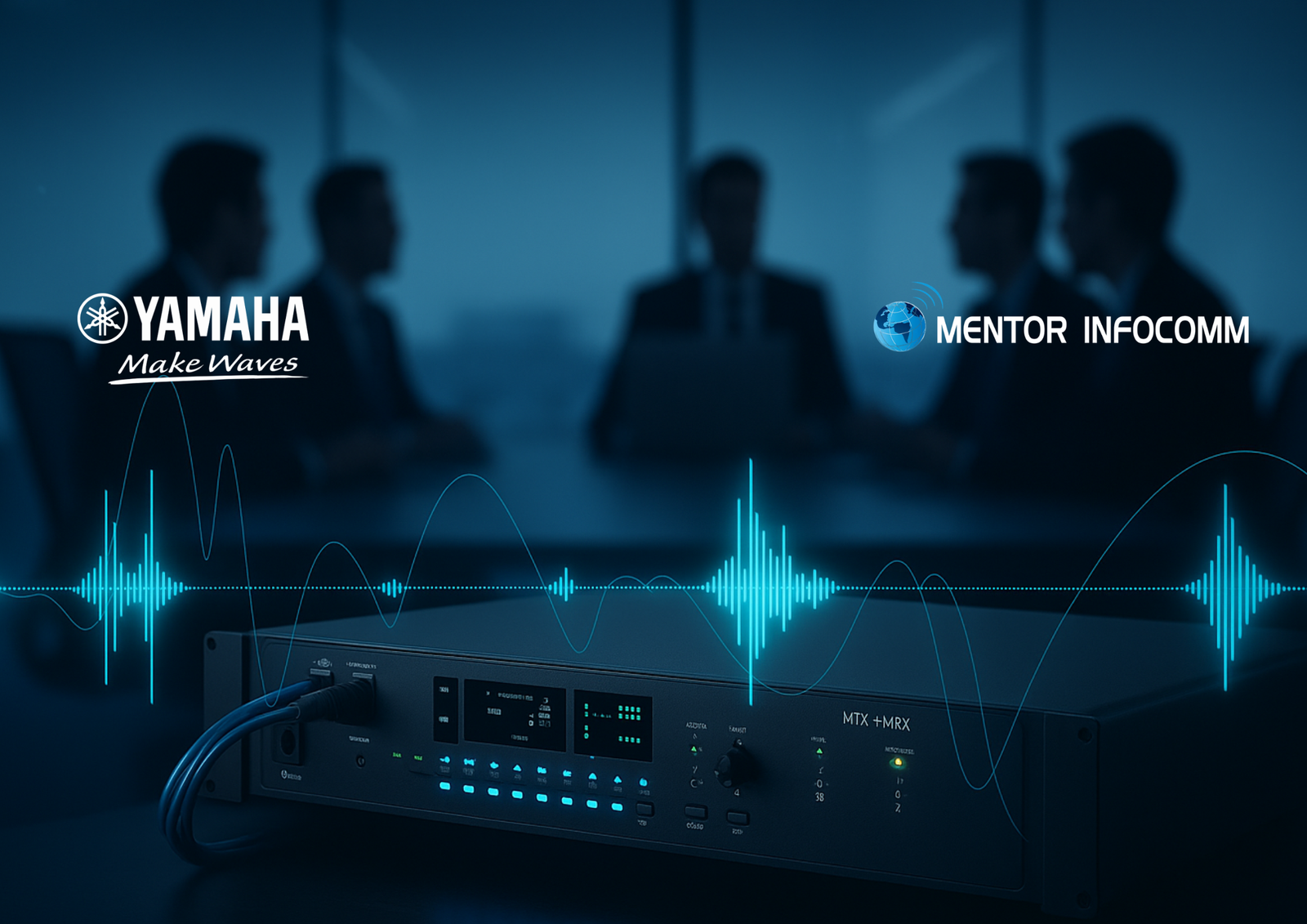 Modern meeting room with professional audio devices and smooth soundwaves representing clear communication